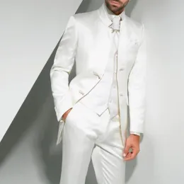 Vintage White Men Suits For Groom Wedding Tuxedo Two Button 3 Piece Man Fashion Clothes Set Jacket Vest Pants