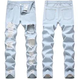 Męskie dżinsy Strechy Męskie Slim Fit Broken Motocykl Skinny Light Blue Denim Spodnie Szczegółowe Street Style Tursersers