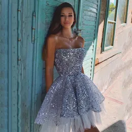 Sparkly Short Silver Sequins Cocktail Party Dresses Beaded Strapless Glitter Mini Prom Dress Girls Homecoming Graduation Dress Abendkleider