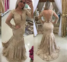 Scoop Long Sleeves Mermaid Evening Dresses Lace Appliques Beading Natural Waistline Ladies Prom Party Gowns Custom Made Formal Beading