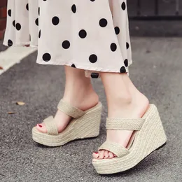 Hot Sale-Women Summer slippers wedge shoes womens mules with heels Flip Flops Wedges striped shoes women flip flops sandals women