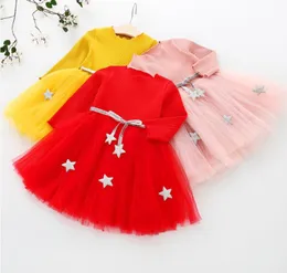 女の子秋のドレスメッシュパッチワークドレス赤ちゃんの弾丸の星のレースのドレス子供デザイナー服赤ちゃんブティック服0-4t ly14