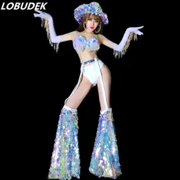 Sexig DJ Nightclub Bar Stage Wear Women Singer Dancer Kostym Glitter Skala Sequins Bikini Tassel Handskar Ledande Dance Outfit Party Show Set