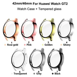 Fashion Style Case Temperat glas för Huawei Watch GT2 42mm / 46mm Soft PC Fullskärm Väska till Huawei GT 2 Watch Protector Cover Partihandel