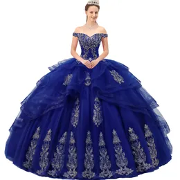 Fantastiska Corded Metallic Appliques HorseHair Ruffles Tiered Quinceanera Klänning Söt 16 Bollklänning med Sparkle Tulle