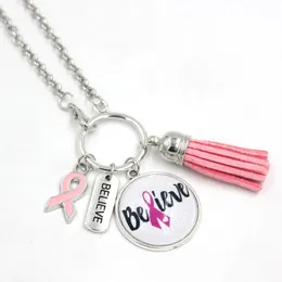 New Arrival Wholesale Breast Cancer Awareness Jewelry Pink Tassel Believe Pink Ribbon Breast Cancer Necklace Charms Necklace