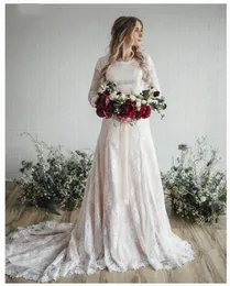 Boho Lace Bröllopsklänningar Modest Design Champagne Foder Elfenben Lace Overlay A Line Bridal Gowns Långärmad Vestidos de Noiva L10