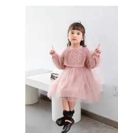 Roupas de bebê Girl Dress Primavera Queda manga comprida Lace malha Patchwork vestido da menina roupa elegante vestido