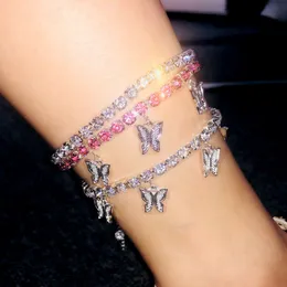 Kvinnor Butterfly Anklets Iced Out Tennis Chain Ben Armband Strand Anklet Rhinestone Silver Guld Animal Pendant Charms Fashion Fötter Smycken