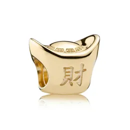 Ny 100% 925 Sterling Silver 1: 1 Autentisk 750823 14ct Gold Ingot Charm Beaded DIY Bracelet Original Women Smycken Gift