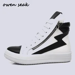 Boots Owen Seak Men Shoes High Ankle Basic Luxury Trainers äkta läder Vinter Snow Zip Sneaker Casual Lace Up Flats Black