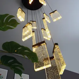 Trappa kristall ljuskrona lyx LED Square Bubble Lamp Loft Duplex Villa Hotell Lobby Decoration