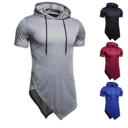 Fashion Solid Long Hooded T Shirt Men Tops Fitness Slim Fit Short Sleeve Camiseta Hombre Streetwear Hip Hop Mens Clothes