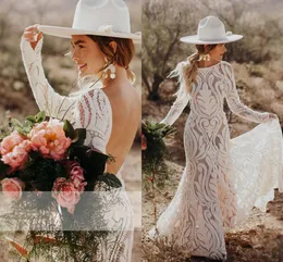 Unikalna elegancka koronka Syrenka Boho Beach Suknie ślubne Sexy Backless Długie Rękawy Sweep Train Country Outdoor Bride Sukienka Plus Rozmiar Al7147