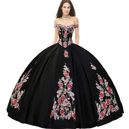 Lovely Off Shoulder 2 Pieces Detachable Black Charro Quinceanera Dress Rose Floral Applique Crystals Basque Waist Sweet 16 Ball Gown