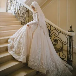 Koronka w stylu vintage muzułmańskie suknie ślubne długie rękawy suknie ślubne w dużych rozmiarach z hidżabem Vestidos de novia luksusowa suknia ślubna