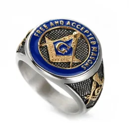 2020 Nowy Blue Fashion Gold Color Męski pierścień masoński Casting Titanium Ze Stali Nierdzewnej Freemasonry Masonic Pierścienie dla Męska Biżuteria