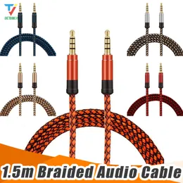 Unbroken Metal Nylon Round Braiede Audio Cable 1.5m 3,5 mm Manlig stereo Auxiliary Aux -förlängning för mobiltelefon MP3 -högtalartablett PC