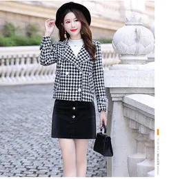 Autumn New Retro Women's Houndstooth Plaid Grid Pattern Woolen Short Thickning Coat Casacos Plus Size MLXLXXL3XL