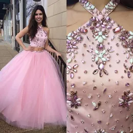 2021 Blush Pink Halter Prom Aftonklänningar Två Piece Lång Tulle Kristaller Beaded Dress Evening Wear Graduation Homecoming Dress Cheap
