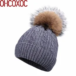 Ohcoxoc New Women Beanies Real Fur Pom Poms Ball Cap Keep Warm Beanies Skullies Rhinestone Beads Luxury Mink Pom Winter Hats274Q