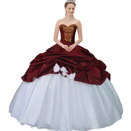 Sweetheart Gold Beaded Hand-sewn Embroidery Quinceanera Dress Girls Burgundy and White Bubble Overlay Sweet 16 Ball Gown