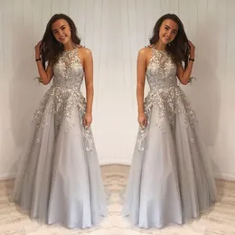 Silver Lace A Line Prom Klänningar 2021 Halter Ärmlös En Linje Aftonklänningar Zipper Back Robe de Soiree Formell Party Dress