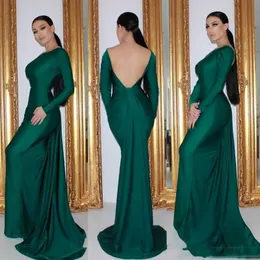 Sexy Backless Emerald Mermaid Evening Dresses Long Sleeves Cheap Simple Satin Formal Event Wear Prom Party Gowns Sweep Train Custom Made
