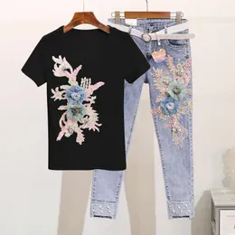 Damen Trainingsanzüge Sommer Perlen Frauen Sets Schwere Arbeit Stickerei 3D Blume Kurzarm T-shirt Und Jeans 2 stücke Kleidung Weibliche Casual Anzüge Y79