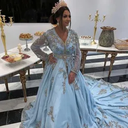 Lekkie Niebo Niebieski Marokański Kaftan Suknie Wieczorowe Długie Rękawy Aplikacje Kryształy Perły Zroszony Arabski Muzułmański Party Party Suknie