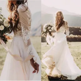 2021 Bohemian Country Wedding Dress Sheer Long Sleeve Jewel Neck A Line Bride Dresses Lace Appliques Boho Beach Bridal Gowns Robe de mariage