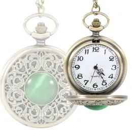 Vintage Pocket Watch Necklace Round Green Crystal Necklace Pendant Quartz Chain Watches Gifts For Mother LL@17