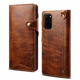 couro genuíno Folding Virar Wallet Card Case Slots e Mão Straps capa protetora para Samsung Galaxy Note 20 Ultra s20 Plus Nota 10+ Além disso,