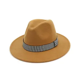 Unisex Wool Felt Winter Bucket Womens Bowler Jazz Fedora Hats Ribbon Decorated Flat Brim Panama Trilby Derby Gambler Hat