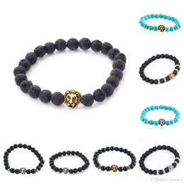 Braccialetti con ciondoli per uomo Bracciale con testa di leone e Buddha placcato Bracciale con perline in pietra naturale lavica nera