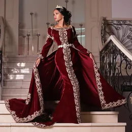 Burgundy Arabic Mermaid Evening Dresses With Detachable Train Beaded Bateau Neck Long Sleeves Prom Gowns Plus Size Velvet Formal Dress