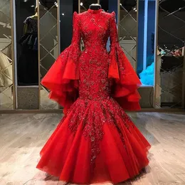 Red Mermaid Muslim Evening Dresses High Neck Appliciques paljetter full ärmpärlor Formell balklänning plus storlek Robe de Soiree 2020
