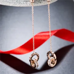 YUN RUO Fashion Double Circle Zircon Tassel Stud Earring Woman Rose Gold Color Titanium Steel Jewelry Birthday Gift Not Fade2918