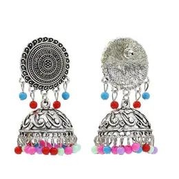 Etniska Gypsy Pärlor Tassel Örhängen för kvinnor Boho Vintage Smycken Damer Round Hollow Blomma Jhumka Örhängen