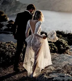 Sexig glittrande fantastisk långärmad en linje bröllopsklänningar rena nacke långa ärmar paljett strand bröllopsklänning brudklänning vestido 171m