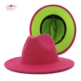 Stingy Brim Hats QBHAT 핑크와 라임 그린 패치 워크 양모 Fedora 여성 대형 파나마 Trilby Jazz Cap Hat Sombrero Mujer