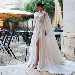 Elegant Beaded Lace Chiffon Beach Wedding Dress With Shawl