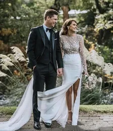 Sexy Bohemian Bridal Gowns Boho Beach Wedding Dresses See Through 2021 3D Floral Appliques Illusion Long Sleeve Side High Split Vestidos