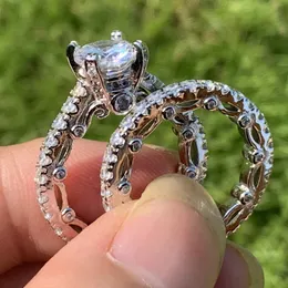 Vintage Fine Jewelry Pierścienie 925 Sterling Silver Round Cut White Topaz CZ Diamond Gemstones Obietnica Kobiety Wedding Bridal Ring Set Prezent