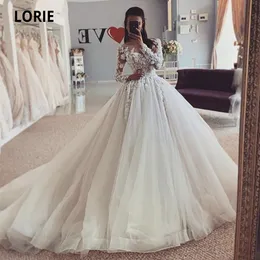 LORIE 2020 Spring Long Sleeve Tulle Wedding Dresses A Line Bohemia Beach Lace Bridal Dress Scoop Bback Button Wedding Gowns