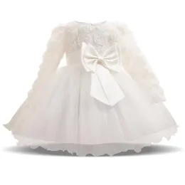 Långärmade vita klänningar för flicka Baby flicka kläder 1 års födelsedagsfest Småbarn dopklänning spädbarn flicka klänning
