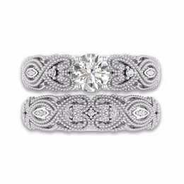 2020 Ny ankomst Unik Vintage Smycken 925 Sterling Silver Round Cut Vit Topaz CZ Diamond Gemstones Hollow Eternity Kvinnor Bridal Ring Set