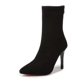 Hot Mid-Barrel Boots Elastyczne buty Sznurowane palce cienkie obcasy dla kobiet czarny kostka stretch tkanina zimowe buty szpilki Rome