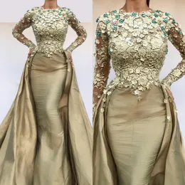 Mermaid Sexy New Evening Dresses For Women Wear Jewel Neck Long Sleeves Gold Lace Appliques Flowers Overskirts Formal Prom Dress Party Gowns mal