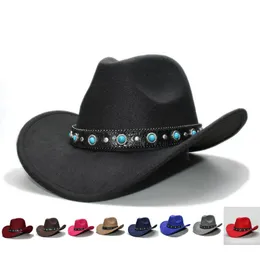 Wide Brim Hats Retro Women Men 100% Wool Cowboy Western Cowgirl Bowler Hat Fedora Cap Turquoise Bead Vintage Leather Band 57cm/Adjust